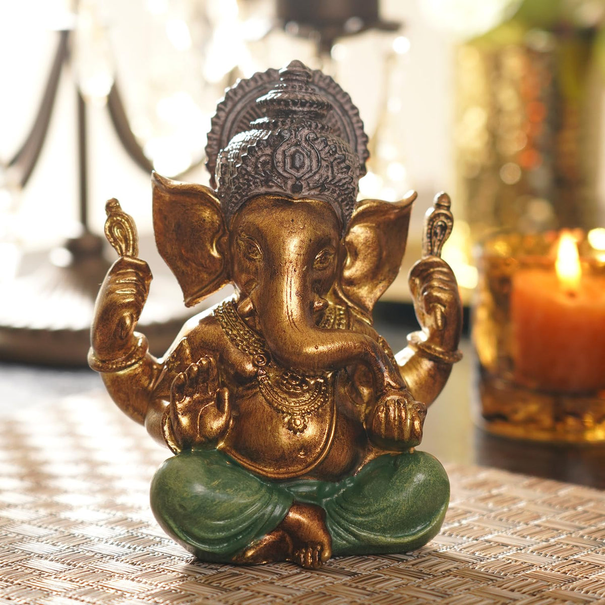 Dark Green Antique Gold Polyresin Sitting Ganesha - Medium Beautiful Lord Ganesha Idol Figurine Showpiece Sculpture Hindu Polyresin Car Dashboard Ganesh Ji Statue (Pack of 1)