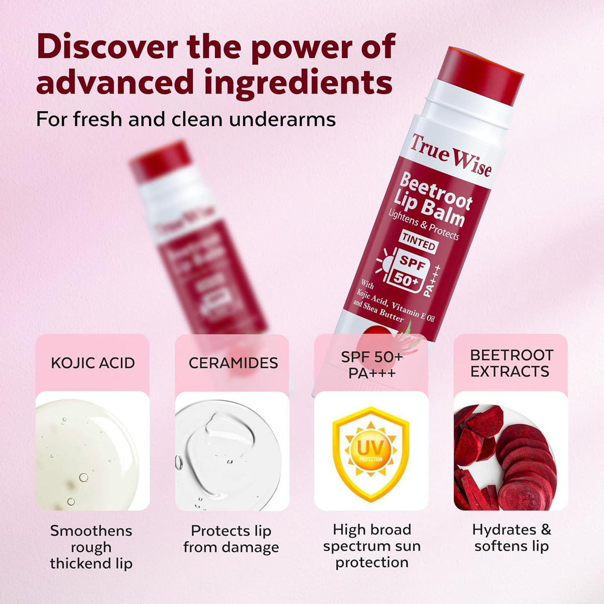 Tinted Lip Balm with SPF 50 PA+++ Brightening Beetroot Lip Balm For Dark Lips With Kojic Acid,Vitamin E, Soft, Glossy Lips- SPF lip balm for Women 5g