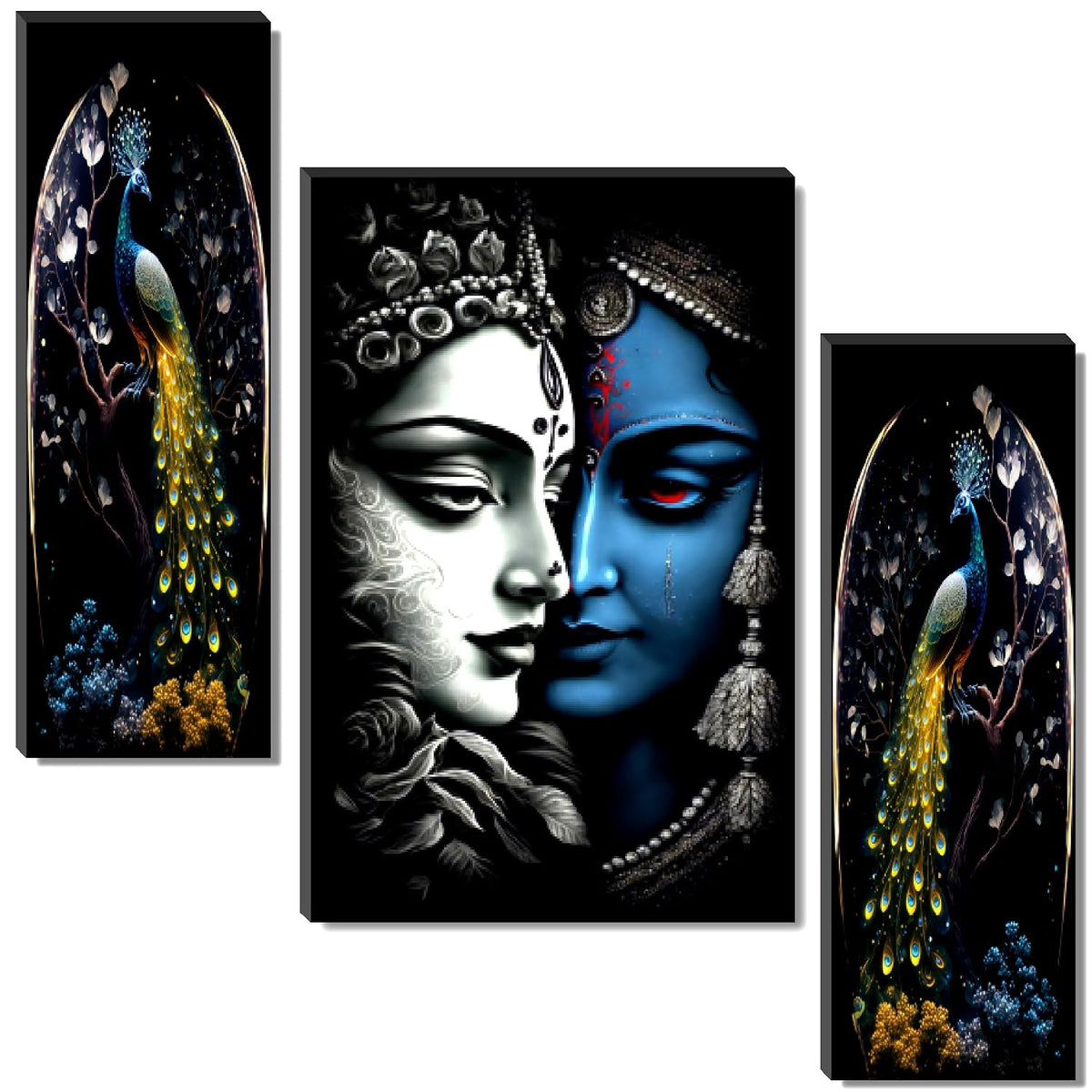 Radha Krishna & Peacock Wall Art – Set of 3 UV-Printed Panels | Spiritual Décor for Living Room, Bedroom & Pooja Room (20 Inch x 12 Inch) JM-35284