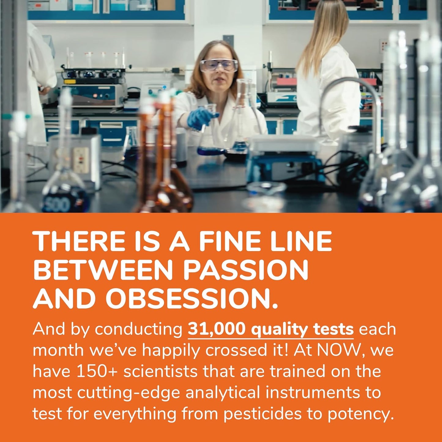 Laboratory setting with scientists and text about quality tests and scientists.