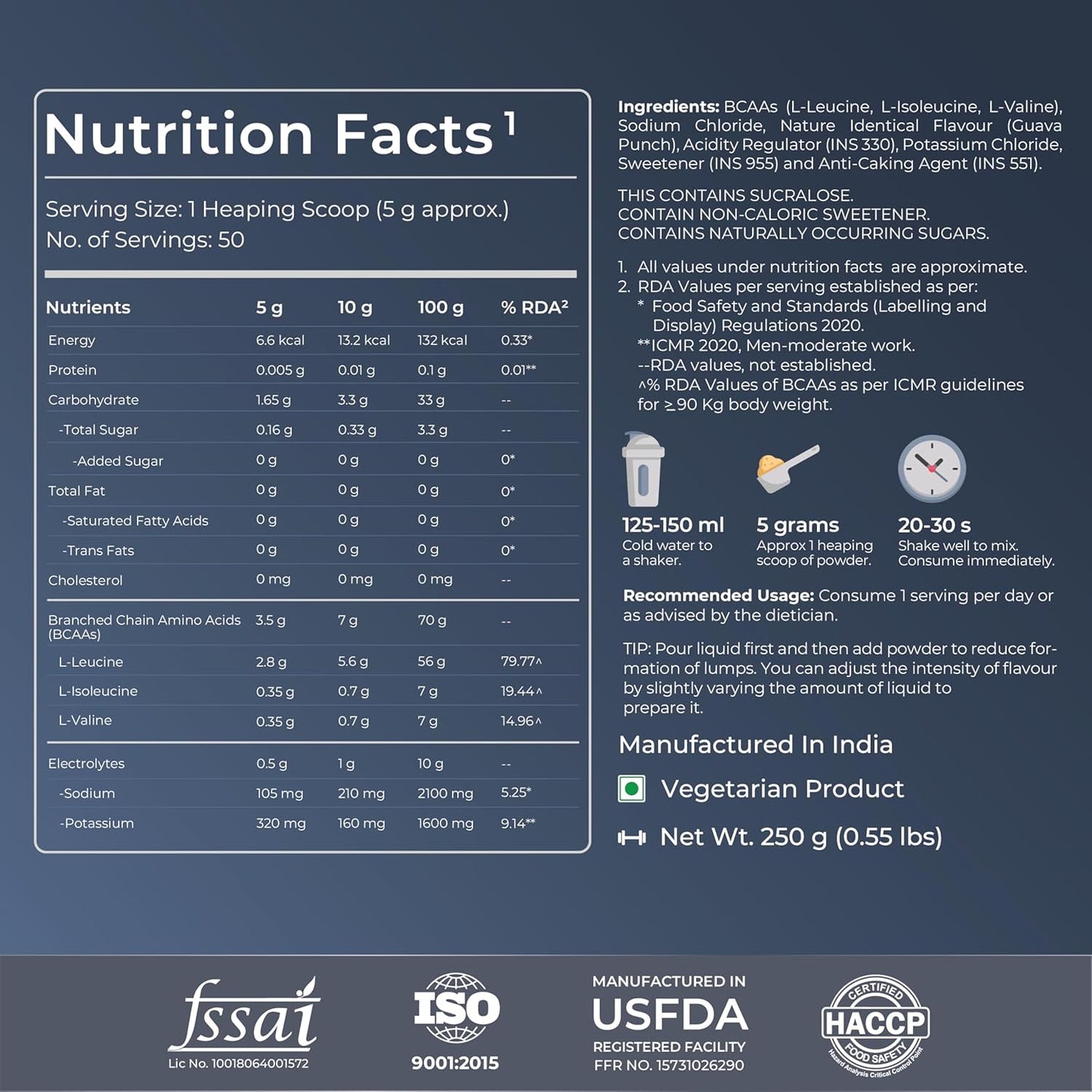 Nutrition facts label with product details on a dark background
