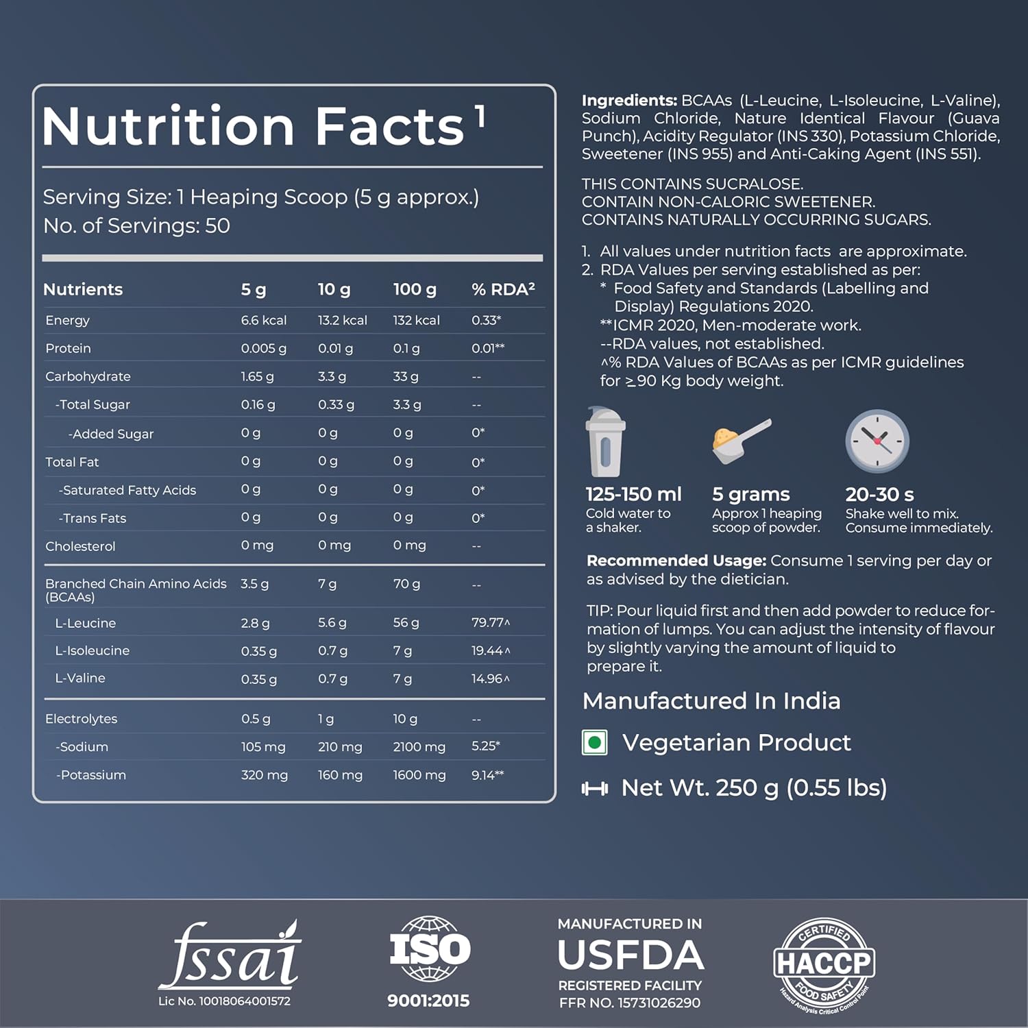 Nutrition facts label with product details on a dark background