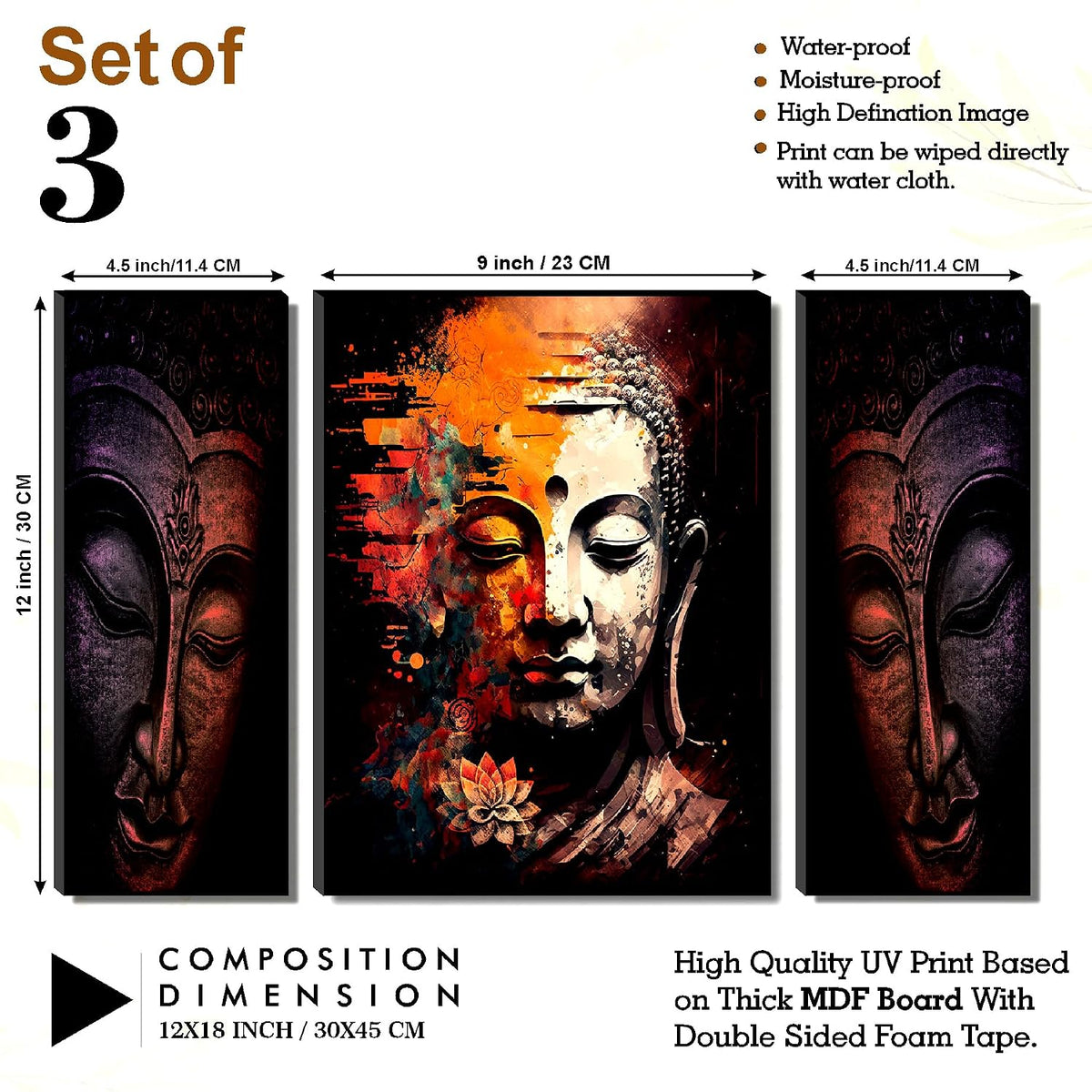 Buddha Face with Lotus Abstract Wall Art – 3-Panel UV-Printed Zen Triptych | Ready-to-Hang Spiritual Meditation Décor for Home & Office (20 Inch x 12 Inch) JM-35304