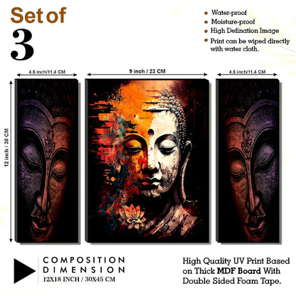 Buddha Face with Lotus Abstract Wall Art – 3-Panel UV-Printed Zen Triptych | Ready-to-Hang Spiritual Meditation Décor for Home & Office (20 Inch x 12 Inch) JM-35304
