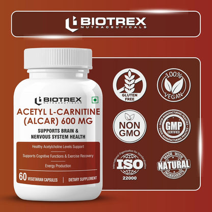 Biotrex Nutraceuticals Acetyl L-Carnitine (ALCAR) 600mg | Nervous System, Cognitive Function & Mitochondrial Metabolism | Energy Production - 60 Veg Capsules