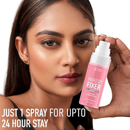 Woman holding a pink makeup fixer spray with text about 24-hour stay.