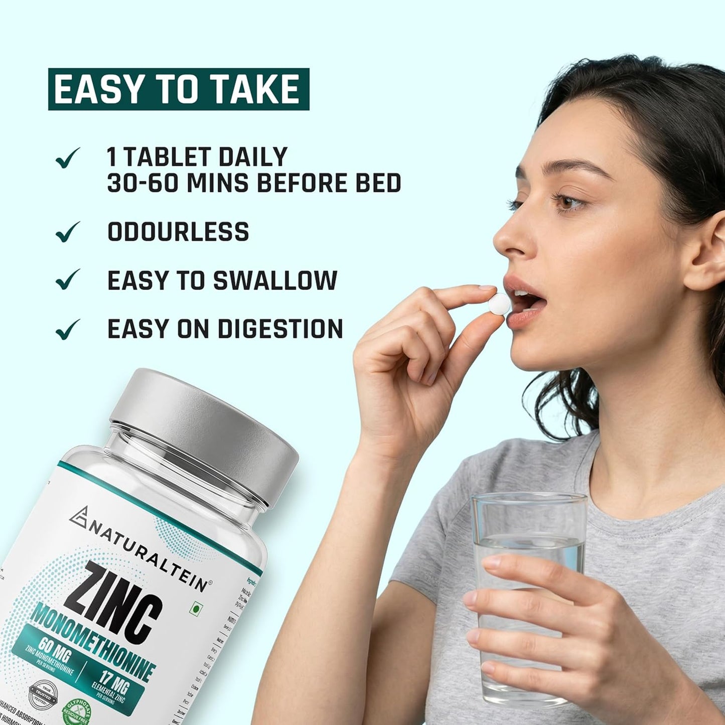 Naturaltein Zinc Monomethionine 60 mg | 17 mg Elemental Zinc per Tablet | Supports Immune Health, Antioxidant Protection & Skin Wellness | 30 Count