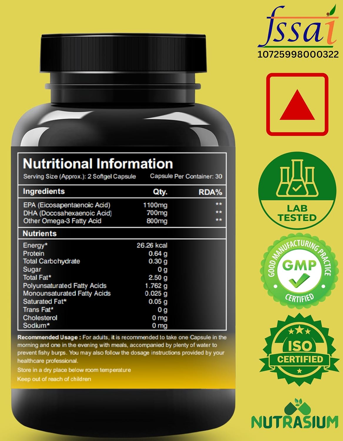 Nutrasium | Triple Strenght Omega-3 Fish Oil 2600 mg Per Serving | For Supports Heart, Brain, Eye, Joints, Skin, and Bone Health| 30 softgel Capsules.