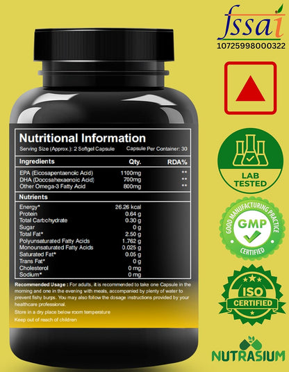 Nutrasium | Triple Strenght Omega-3 Fish Oil 2600 mg Per Serving | For Supports Heart, Brain, Eye, Joints, Skin, and Bone Health| 30 softgel Capsules.