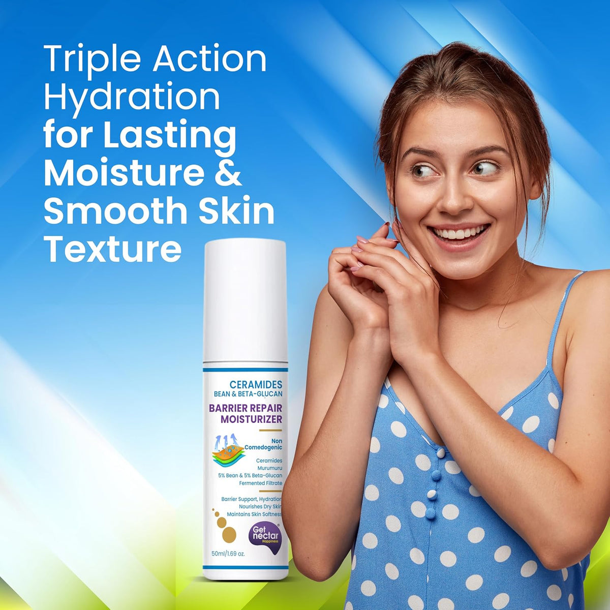 Woman with moisturized skin holding a bottle of Ceramides Barrier Repair Moisturizer against a blue and green gradient background.