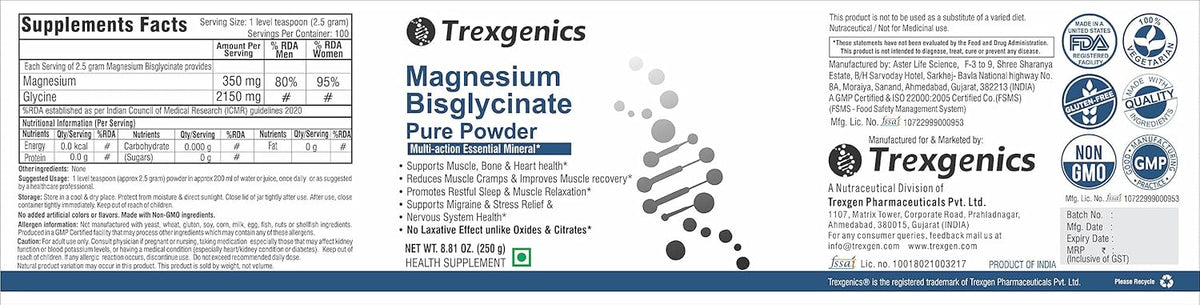 Trexegenics Magnesium Bisglycinate Pure Powder label with supplement facts and branding.