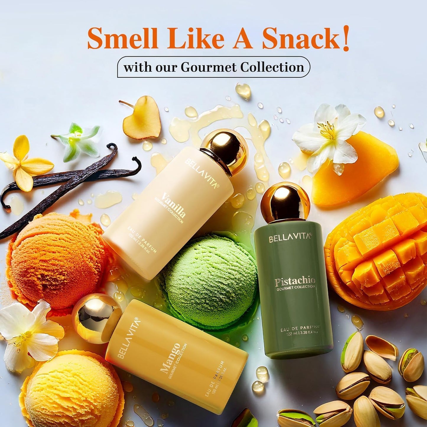Bottle of BELAVITA perfume with vanilla, mango, and pistachio scents surrounded by corresponding food items on a light blue background.