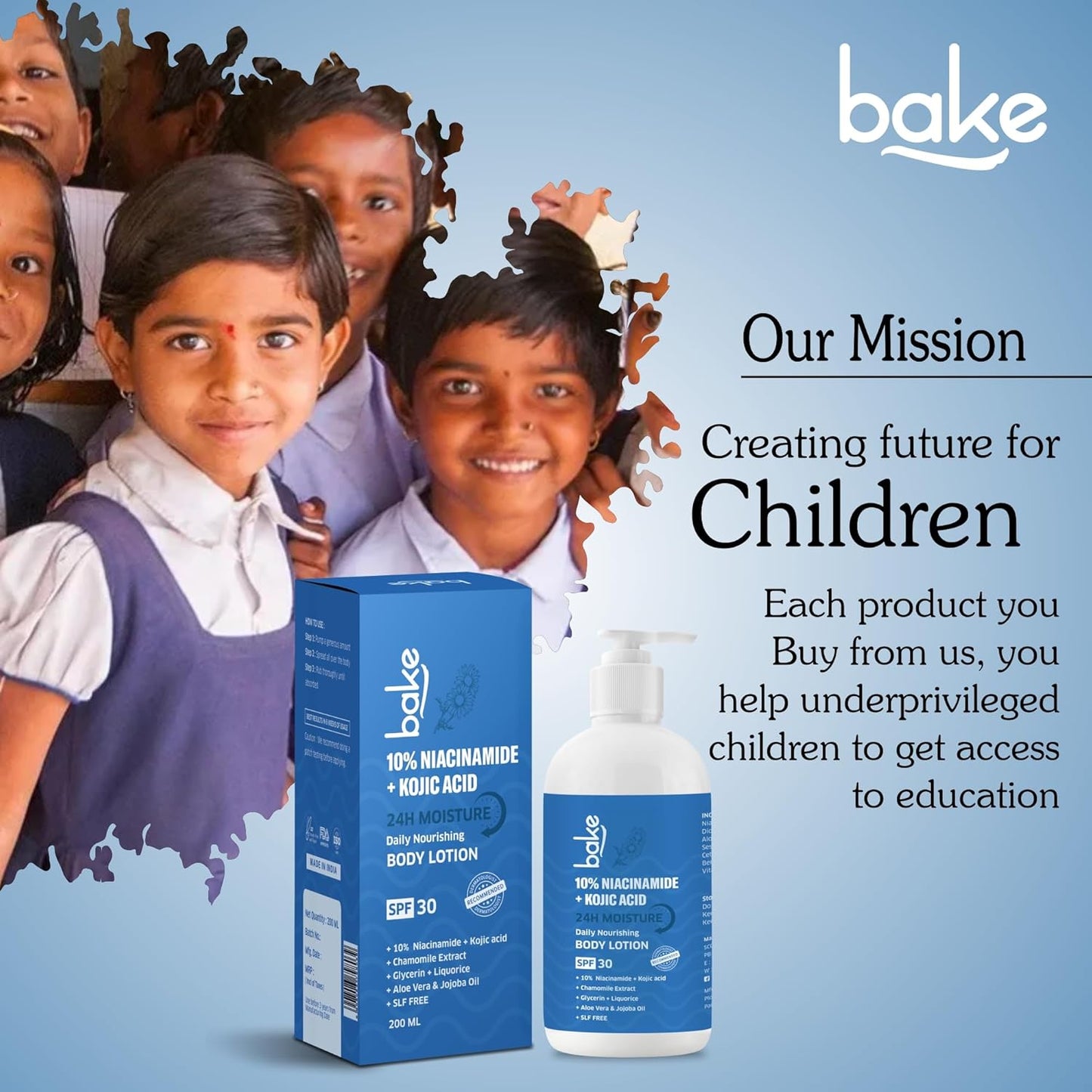 BAKE 10% Niacinamide Body Lotion SPF 30 with Kojic Acid for Acne Marks & Dark Spots, Pigmentation, Tan Removal | For Women & Men | 200ml