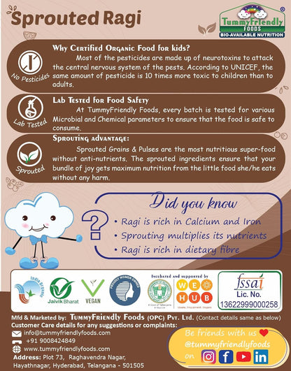 TummyFriendly Foods Certified Organic Sprouted Ragi Flour For Little Ones. Made of Organic Sprouted Ragi Powder , Baby Cereal for 6-12 months. Shelf Life 6 Month | 200g