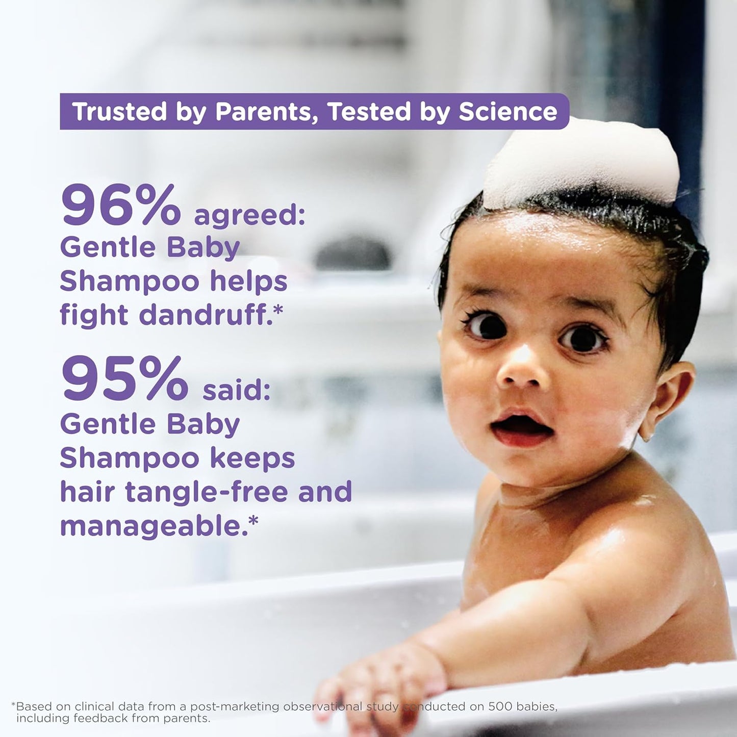 Baby with shampoo on head in bathtub, with text about Gentle Baby Shampoo's effectiveness.