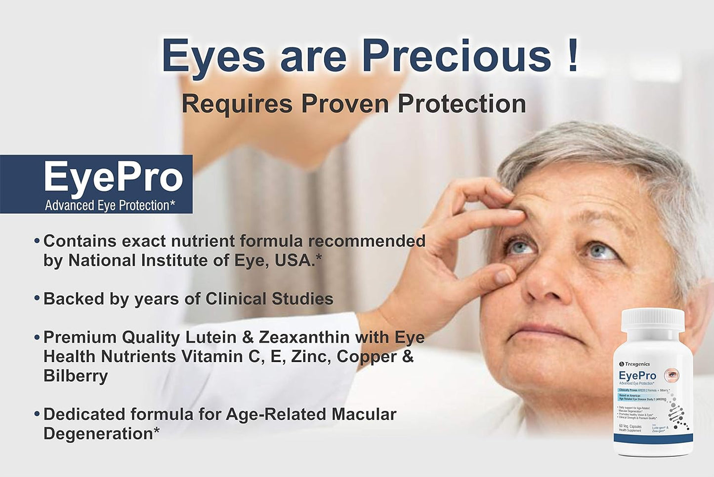 Advertisement for EyePro eye health supplement with an elderly woman and product packaging.