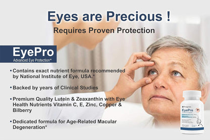 Advertisement for EyePro eye health supplement with an elderly woman and product packaging.