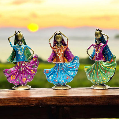 Set of 3 Metal Figurine Dancers Home Decor Item for Living Room, Bedroom, Wedding Festive Housewarming Gift Showpiece Rajasthani Dancing Dolls
