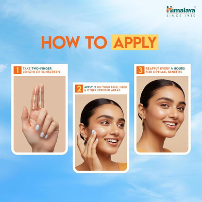 Instructions on how to apply sunscreen with a woman's face and hand shown, against a blue sky background.