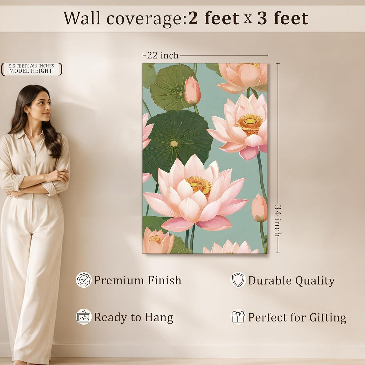 Abstract Pink Lotus Flowers Vastu Canvas Wall Art Painting For Living Room, Botanical Floral Painting, Pastel Calm Floral Wall Art for Home, Bedroom, Office (22x34 Inch)