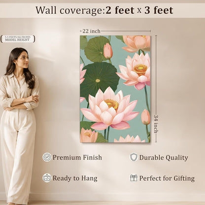 Abstract Pink Lotus Flowers Vastu Canvas Wall Art Painting For Living Room, Botanical Floral Painting, Pastel Calm Floral Wall Art for Home, Bedroom, Office (22x34 Inch)