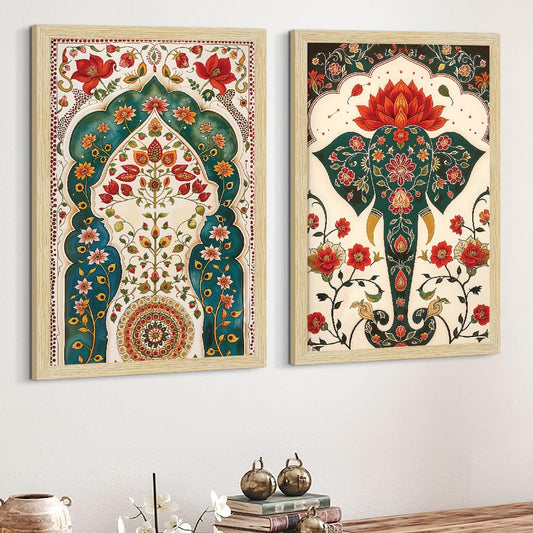 Madhubani Art Paintings with Frame for Home Decor, Floral Wall Painting for Living Room, Multicolor, Natural Wood Color Frames, Set of 2