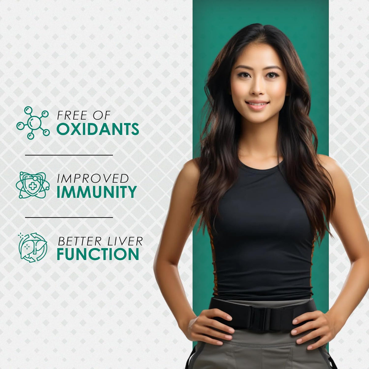Woman in a black top with health benefits text on a green and white background