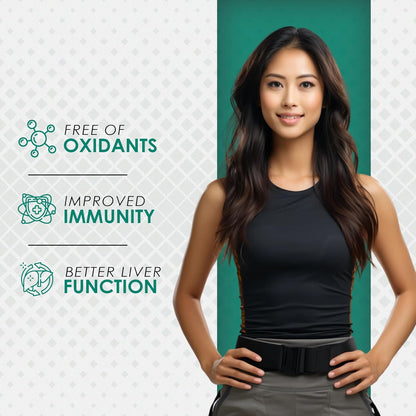Woman in a black top with health benefits text on a green and white background