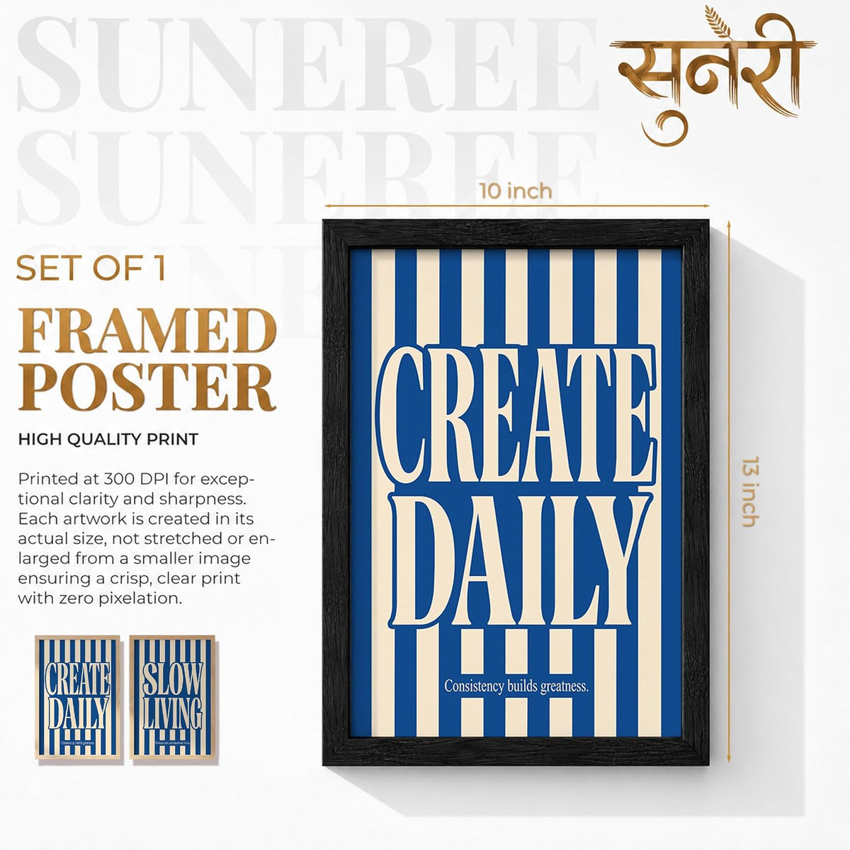 Slow Living Create Daily Wall Art Set of 2 Framed Paintings | Blue Striped Typography Motivational Poster | Office Bedroom Home Décor (Art 22, 10x13 Inches, Black)