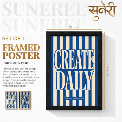Slow Living Create Daily Wall Art Set of 2 Framed Paintings | Blue Striped Typography Motivational Poster | Office Bedroom Home Décor (Art 22, 10x13 Inches, Black)