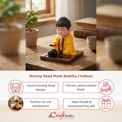 eCraftIndia Moving Head Monk Buddha Idol Showpiece for Home Decor Car Dashboard Office | Feng Shui Spiritual Meditation Buddha Statue Figurine for Good Luck Gift for Housewarming (Plastic, Yellow)