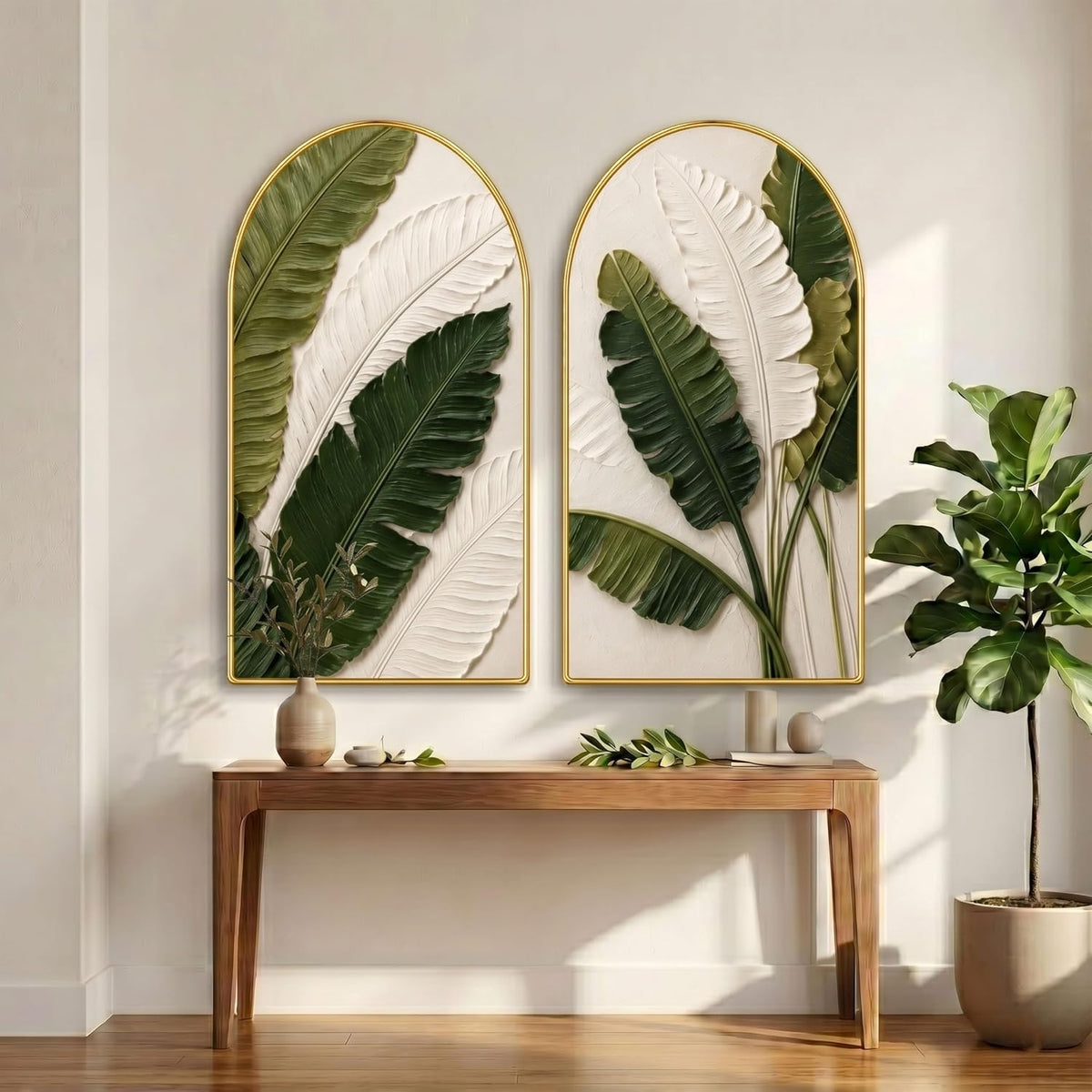 Set of 2 Tropical Leaf Wall Painting for Living Room, Green Botanical Modern Artwork, PVC Golden Frame, Arch Shape Wall Decor for Bedroom, Hall, Office & Gift (30 x 32 Inch) RPNL-02-115