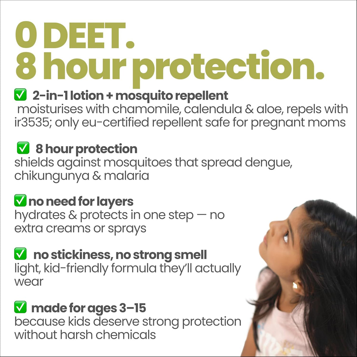 Product advertisement for a mosquito repellent with text highlighting features and benefits.