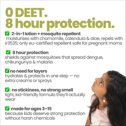 Product advertisement for a mosquito repellent with text highlighting features and benefits.