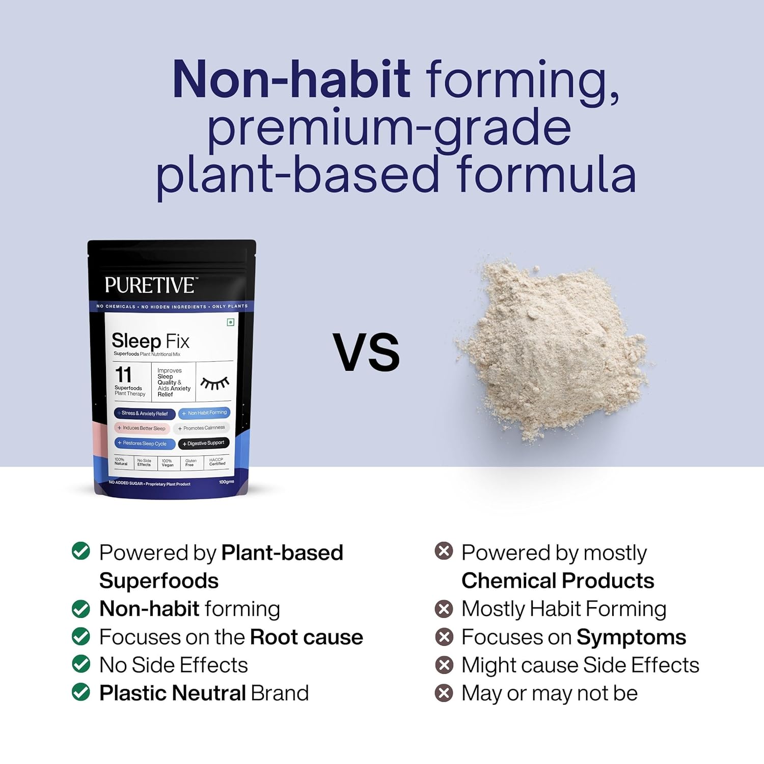 PURETIVE Sleep Fix supplement packaging with plant powder on a light blue background, comparing plant-based vs chemical products.