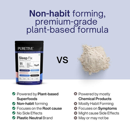 PURETIVE Sleep Fix supplement packaging with plant powder on a light blue background, comparing plant-based vs chemical products.