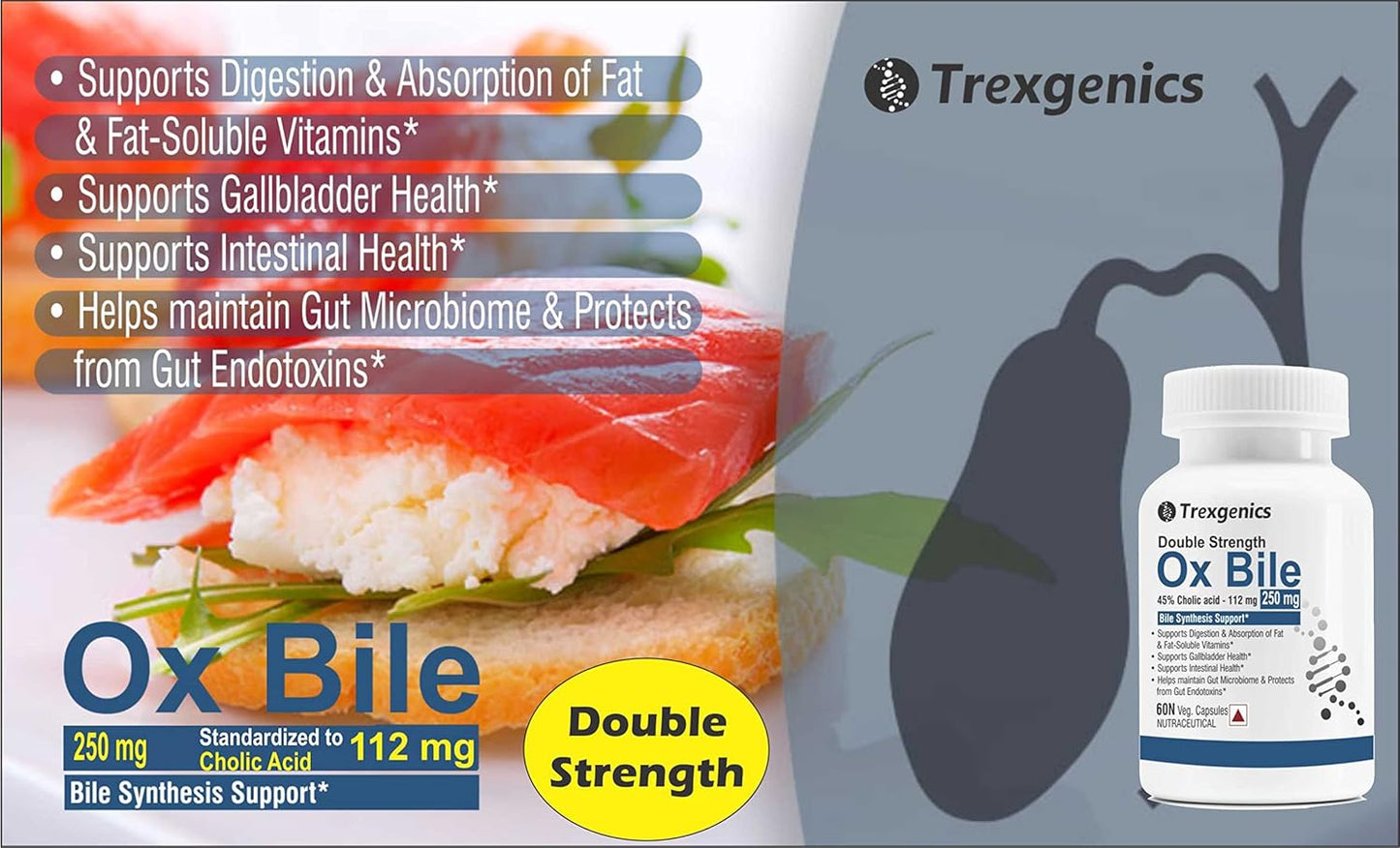 Trexgenics BILE EXTRACT 250 mg 45% Cholic acid DOUBLE STRENGTH Bile Synthesis Support (60 Vegan Capsules) (Pack of 1)