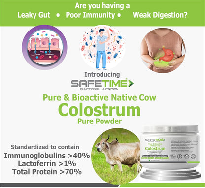 Advertisement for SafeTime Pure & Bioactive Native Cow Colostrum Pure Powder with health benefits and product packaging.
