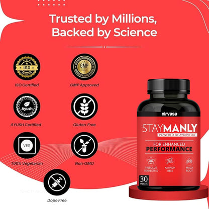 Nirvasa StayManly Tablets (30 Tabs) | Ayurvedic Strength, Stamina & Performance Booster | Boosts Energy, Endurance & Vitality | Tribulus Terrestris, Ashwagandha, Safed Musli & Shilajit