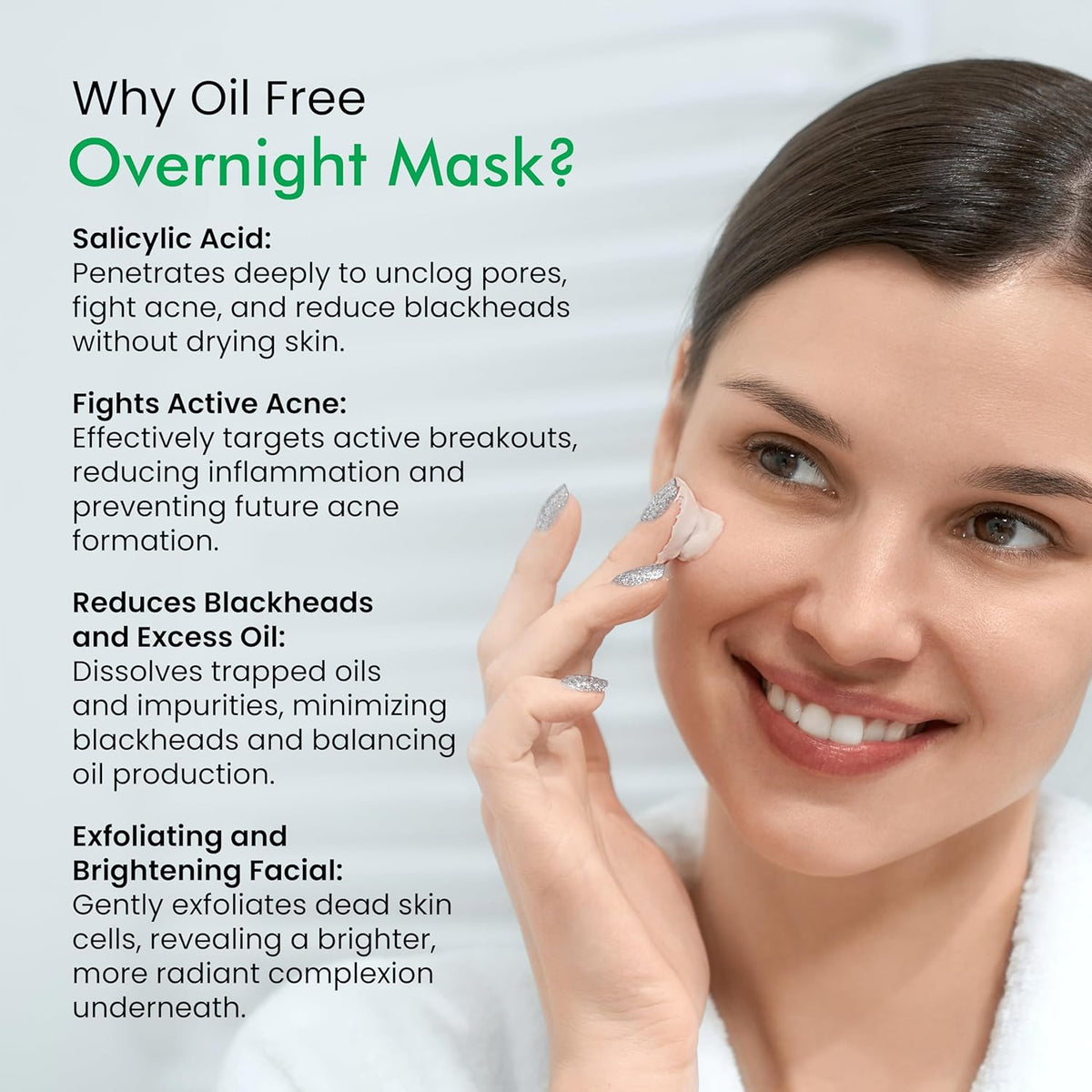 Woman applying oil-free overnight mask with text explaining benefits on a light gray background