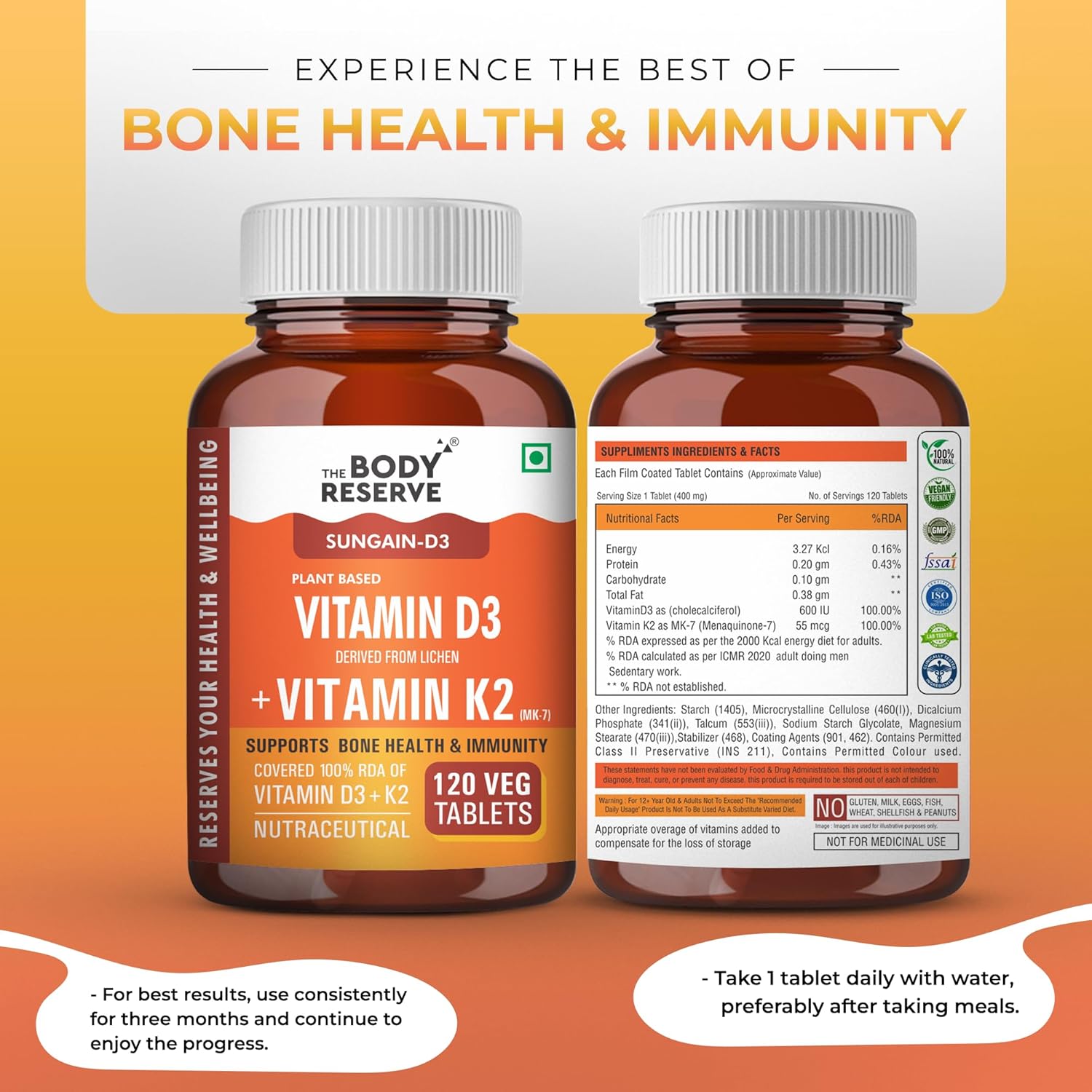 Two bottles of The Body Reserve Vitamin D3 + Vitamin K2 supplement on a yellow and orange background.