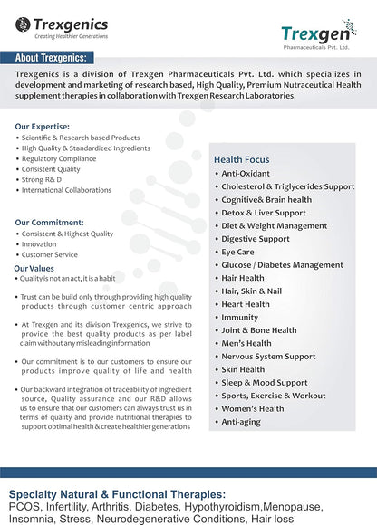 Trexegenics company profile with their services and focus areas on a white background.