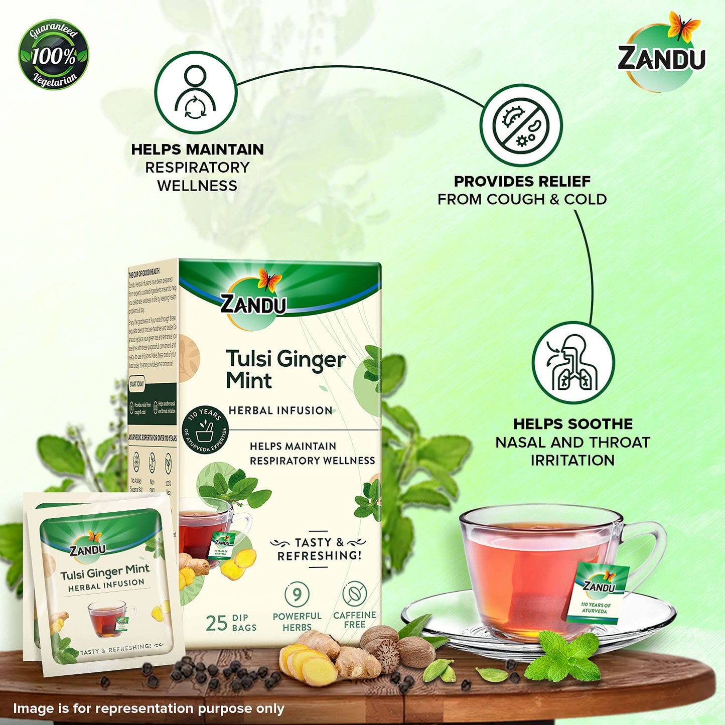 Zandu Tulsi Ginger Mint Herbal Infusion, a Herbal Tea Enriched with Ayurvedic Ingredients (25 Tea Bags)