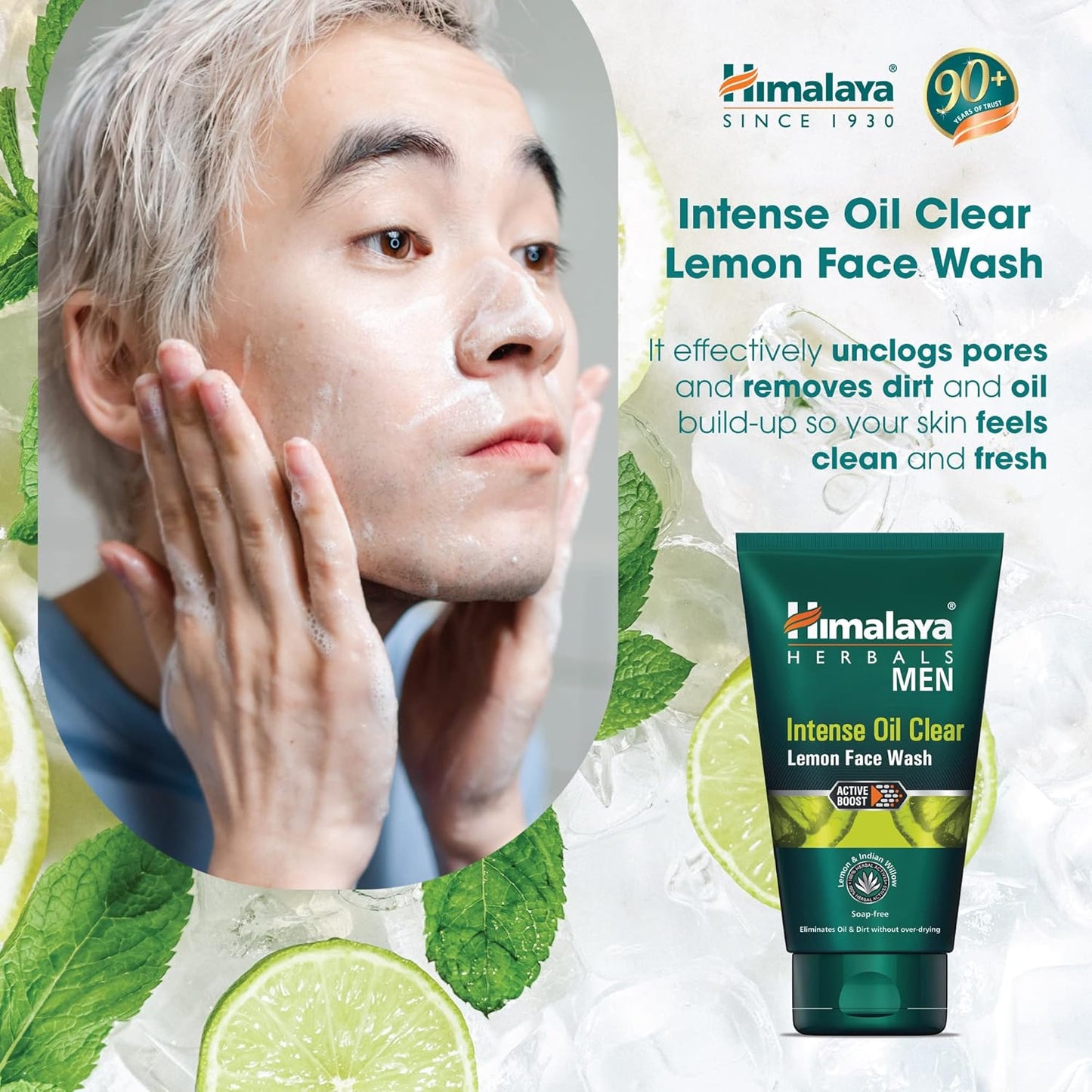 Himalaya Herbals Men Intense Oil Clear Lemon Face Wash advertisement with a man applying face wash.