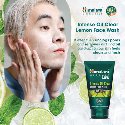 Himalaya Herbals Men Intense Oil Clear Lemon Face Wash advertisement with a man applying face wash.