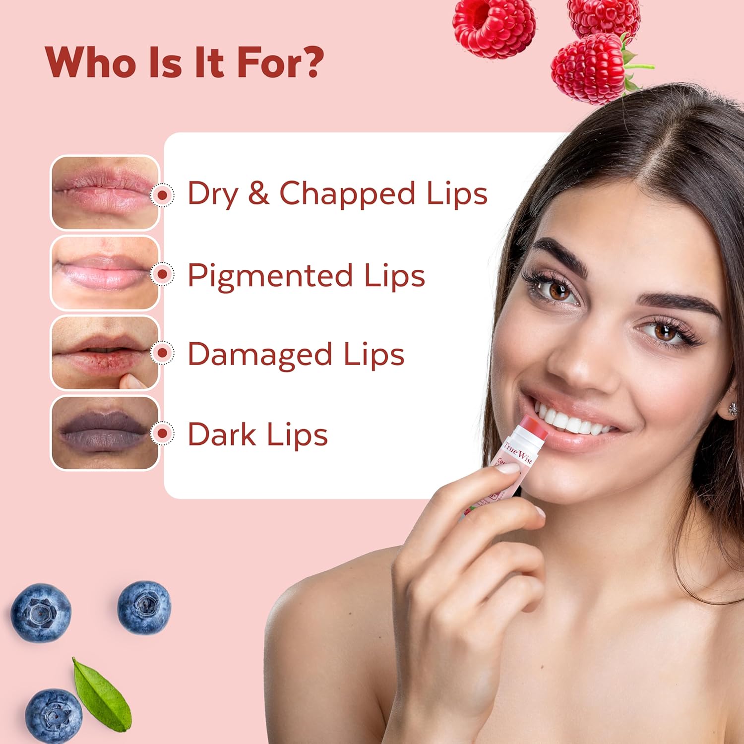 Woman applying lip balm with text indicating product use for dry, chapped, pigmented, damaged, and dark lips on a pink background.