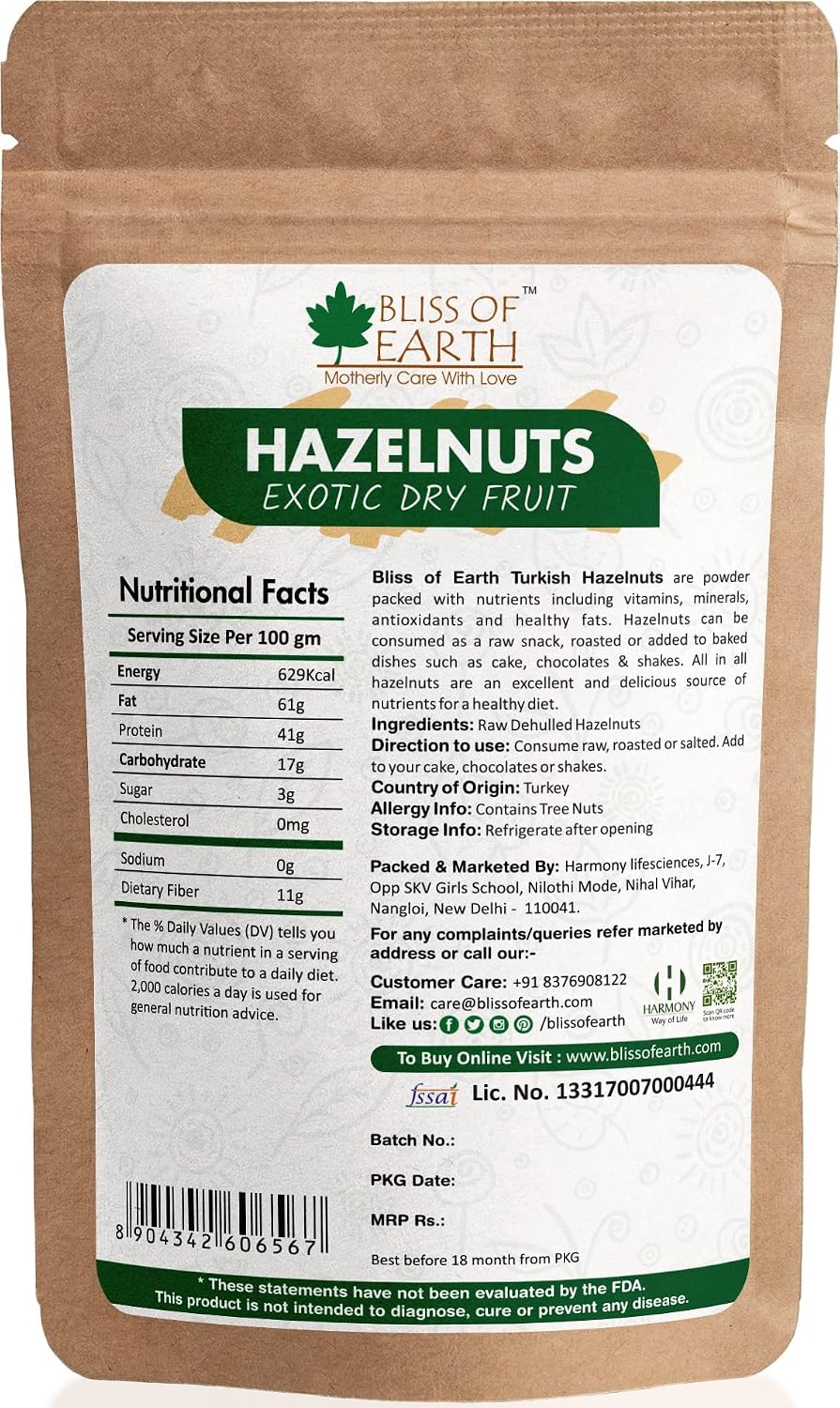 Bliss of Earth 200gm Turkish Hazelnuts, Raw & Dehulled, Healthy & Tasty