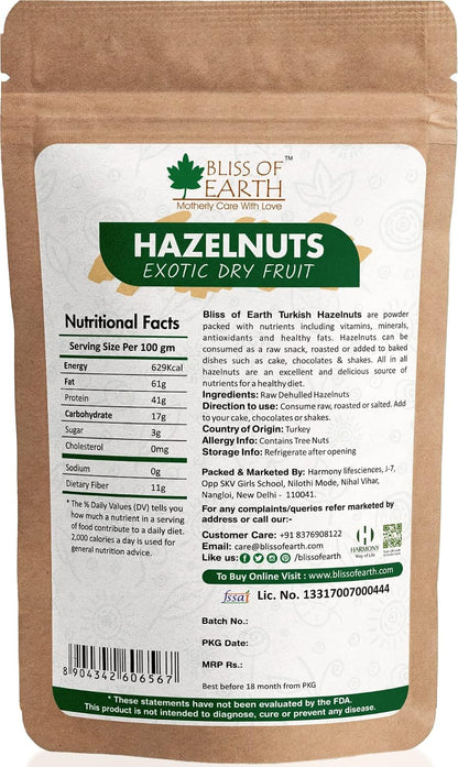 Bliss of Earth 200gm Turkish Hazelnuts, Raw & Dehulled, Healthy & Tasty
