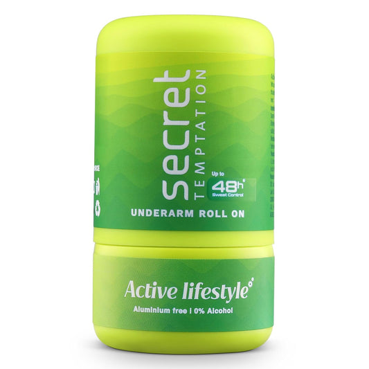 Green and yellow Secret Temptation underarm roll on container on a white background