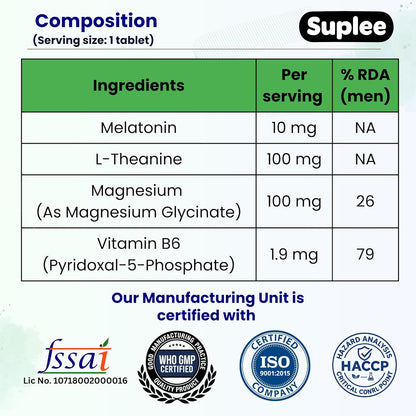 Suplee Melatonin 10mg (60 Tablets) with L-Theanine, Magnesium Glycinate & Vitamin B6 - Night Time Sleep Support Supplement - Helps with Deep Sleep & Mental Relaxation - Non-Habit Forming